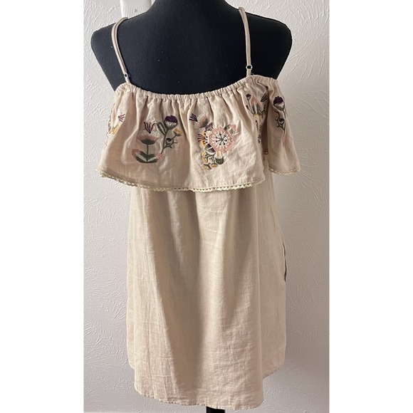 Loveriche Women's Large Floral Embroidered Linen Spaghetti Tunic Dress Cottage - Picture 2 of 4